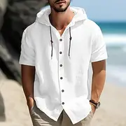 Men's Shirt Linen Shirt Casual Shirt Button Up Shirt Plain Vacation Street Black White Blue Khaki Short Sleeve Hooded Summer Clothing Apparel Adjustable Drawst