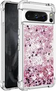 Shockproof Phone Case for Google Pixel 8 Pro with Liquid Quicksand Glitter & Floating Hearts, 4-Corner Reinforced Dual-Layer TPU Cover, SSD-Certified Safe Phone Protector (Rose Gold)
