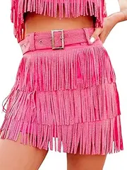 [ChiyeeKiss] Womens Sparkle Rhinestone Fringe Skirt Elastic Waistband Short Mini Dress with Adjustable and Removable Belt