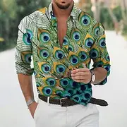 Men's Feather Shirt Aloha Shirt Long Sleeve Fashion Designer Casual Outdoor Vacation Daily Spring Summer Stand Collar 3D Print Button-Down Black White Black /
