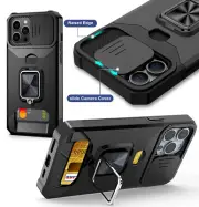 For iPhone 12 13 Pro Max Slide Lens Cover Armor Card Holder Case with Kick-Stand