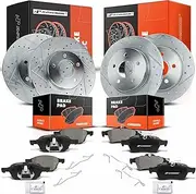 A-Premium Front & Rear Drilled and Slotted Disc Brake Rotors + Ceramic Pads Kit Compatible with Select Ford Models - Focus 2012-2018, SEL Electric SE Titanium, with 4-Wheel Disc Brakes, 12-PC Set