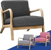 ALFORDSON Wooden Armchair with Linen Fabric Upholstery Cushion, High Back Accent Chair with Solid Wood Frame Wooden Armrest, Lounge Sofa for Reading Bedroom Living Room, 180KG Capacity(Dark Grey)