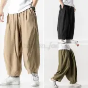 Mens Plain Baggy Harem Linen Pants Drop Crotch Slacks Drawstring Trousers Summer