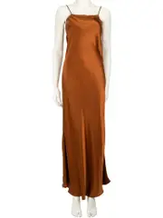 Brown Silk Lace Trim Maxi Slip Dress