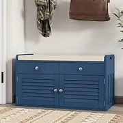 WARMHONIU Shoe Storage Bench with 2 Drawers & 2 Doors, Entryway Bench with Cushion, 2 Adjustable Shelves, Shoe Cabinet for Entryway, Living Room, Hallway, Mudroom, Bedroom, Blue