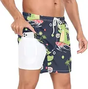 [GuoChe] Mens Swimming Shorts Men 2In1 Running Shorts Green Crocodile Surfer with Liner Mens Board Shorts Swimwear Quick Dry