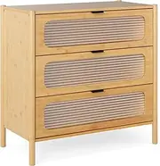 [Giantex] 3/4-Drawer Dresser, Bamboo Storage Cabinet with Fluted Tempered Glass Drawers, Mid Century Modern Chest of Drawers for Living Room, Bedroom, Study, Entryway (3 Tier)