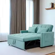 Pull-Out Convertible Sofa Bed with Storage, Plush Velvet Two Seater Recliner Loveseat Coach Bed, Multi-Functional Livingroom Sleeper Sofa Bed, Small Space Sofa with USB Charger - Light Blue