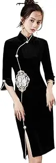 [CBROOT] Women's Cheongsam Dress -Vintage Velvet Embroidery Cheongsam Dress Women Stand Collar Slit Chinese Style Dress Fashion Elegant Young Modern Party Qipao