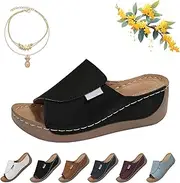[Generic] Comfortable Arch Support Slides,Women's Solid Color Sandals Breathable Summer Orthotic Leather Platform Wedge Sandals