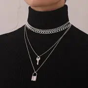 Set of 2: Layered Lock & Key Pendant Necklace + Layered Chain Choker Silver - One Size
