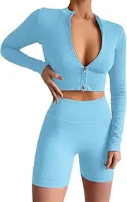 [ABOCIW] Workout Sets for Women Long Sleeve Zip Crop Top Seamless Ribbed High Waist Biker Shorts 2 Piece Outfits Tracksuit
