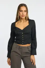Black Top Long Sleeve Collared Button Up Shirred Back - Size 10S, Women's Top
