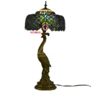 Peacock Table Lamp Tiffany Desk Light Colored Glass Bedroom Reading Lamp Fixture