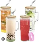 4-Pack 24oz Glass Tumbler With Handle, Bamboo Kids, And Straws