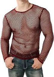 [Generic] Mens Mesh Fishnet Top Long Sleeve See Through Muscle Tops Casual Crew Neck Mesh Shirt Fashion Fishnet Shirts Clubwear