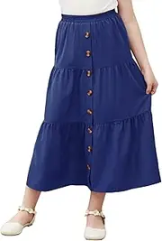 [GORLYA] Girls Casual Button Front Ruffle Hem Elastic High Waist Long Swing Tiered Maxi Skirt for 6-16Y