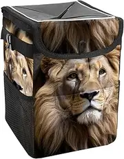 Car Trash Can with Lid and Storage Pockets Leak-Proof Organizer,Waterproof Garbage Can,Animal Lion Wild Life Cat