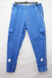 BOOHOO MAN Mens XL Jogger Track Pant Retro Blue White Star Skinny Cargo Pockets