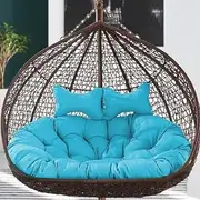 Double Wicker Rattan Egg Chair Swing with Headrest for Patio Garden Blue