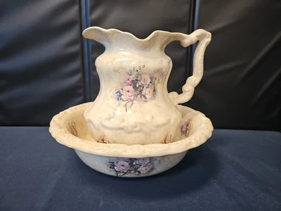 VINTAGE ROSE PINK W/ GREEN LEAF VICTORIAN WATER PITCHER & WASH BASIN 10" BOWL