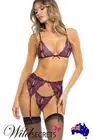 NEW Rene Rofe Sneak Peek 3 Piece Purple Lace Bra Set with Garter Belt & Panty