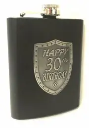 20087 30th BIRTHDAY BLACK 150ml HIP FLASK WITH SHIELD BADGE GIFT BOX THIRTIETH