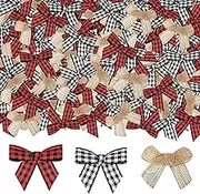 JOICEE 120pcs Christmas Mini Burlap Bow Buffalo Plaid Bow for Craft, Red and Black Checkered Bow Gingham Ribbon Bows Farmhouse Home Decoration for Christmas Tree Gift Decorations.
