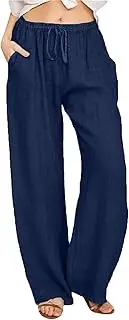 Womens Cotton Linen Palazzo Pants Lightweight Summer Beach Pants Casual Drawstring Elastic Waist Wide Leg Trousers