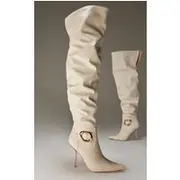 Cream PU Gold Buckle Point Toe High Stiletto Over The Knee Boots, Cream