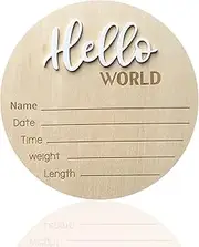 Baby Announcement Sign, ​5.9 Inch Wooden Hello World Newborn Signs, Birth Announcement Sign, Baby Shower Hospital Nursery for Newborn Boys and Girls (White)