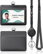 Leather ID Badge Holder and Retractable Adjustable Lanyard Breakaway