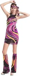 Costume Bay Women's 60s 70s Vintage Groovy Shimmy Hippie Dress with Headband Costume Flared Pants Halloween Disco Outfit Fancy Dress Cosplay Carnival Party (Retro Purple, XL)