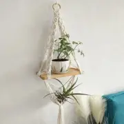 Boho Macrame Wall Shelf | Hanging Wooden Organizer for Plants & Books | Off-Whit