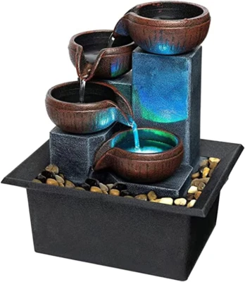 4-Tier Indoor Tabletop Fountain Waterfalls with LED Lights, Zen Meditation Water