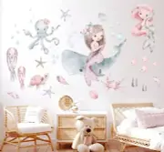 Watercolor Mermaid Whale Turtle Underwater World Removable Wall Decal Sticker