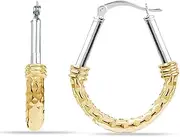 [LeCalla] 925 Sterling Silver 14K Gold Plated Italian Design Two-Tone Texture Drop Shape Oval Hoop Earrings for Women