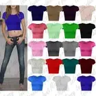 Womens Cap Sleeve Crop Top Round Neck Stretchy Summer Vest T Shirt Size 8-14