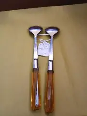 Vintage MCM Salad Forks Mid Century Kitchen Stainless Steel Amber Lucite Pair