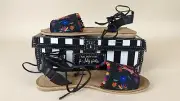 Loly in the sky Luciana Sandals Womens 9 Black Tie Up Strap Pom Pom Shoes NWB