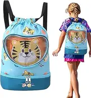 Kids Swimming Bag, Waterproof Swimming Beach Backpack, Lightweight Cartoon Drawstring Dry Wet Separated Pool Accessories for Gym Travel School Use Activities Beach Camping Sports