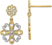 [JewelryWeb] 14k Two tone Gold Double Fashion Flower With White Beaded Love Heart Petals Long Drop Dangle Earrings 2-Dangle Earring for Women