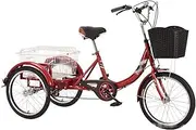 Three Wheel Bike, 20inch Adult Tricycle High Carbon Steel Frame Bicycle with Large Basket Cruiser Bike for Recreation Shopping Picnics Exercise Cycling Pedalling