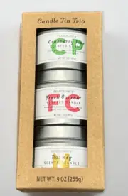 NEW Trader Joe's Scented Candle Tin Trio- Cranberry Pine, Fresh Currant, Nutmeg
