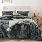 Smoofy Fluffy King Size Comforter Set 3 Pieces - Dark Grey Fleece Fluffy Comforter Set, Luxury Fuzzy King Bedding Set, Soft King Bed Set All Season, Heavy Faux Fur Comforter with 2 Pillow Cases