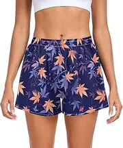 [FRODOTGV] Deep Blue Yellow Leafs Women's Athletic Shorts Ouick Dry Lounge Shorts for Running Lounging Fishing Hiking S