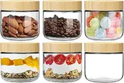 6Pcs Glass Cans With Airtight Covers, Overnight Oatmeal Containers With Bamboo Covers, Wide Mouth Mason Salad Cans, Glass Food Storage Containers For Snacks, Yogurt, Sugar, Flour, Biscuit, (300ml)