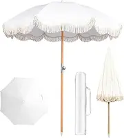 LIODUX 6.5FT Patio Umbrella with Fringe, Beach Umbrella, Premium Foldable Patio Umbrella for Garden Lawn Pool Yard