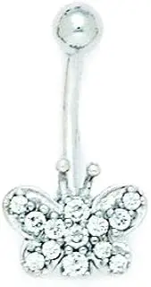 [Generic] 14ct White Gold CZ Cubic Zirconia Simulated Diamond 14 Gauge Dangling Butterfly Angel Wings Body Jewelry Belly Ring Measures 23x13mm Jewelry Gifts for Women